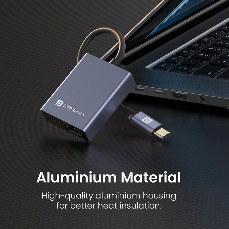 Portronics محور Mport 30M USB Type-C إلى PD 100W ومركز Ethernet، منفذ RJ45 LAN، 10/100/1000 ميجابت في الثانية، قابس Type-C، إنترنت سريع ومستقر، متوافق مع macOS وWindows وAndroid وiOS (رمادي) - Image 4