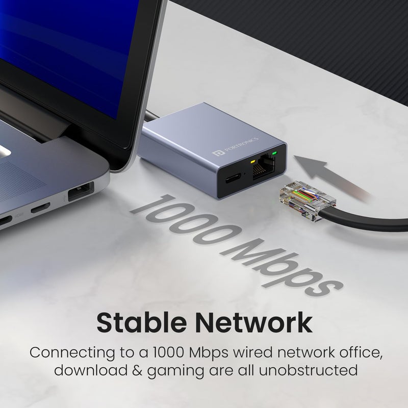 Portronics محور Mport 30M USB Type-C إلى PD 100W ومركز Ethernet، منفذ RJ45 LAN، 10/100/1000 ميجابت في الثانية، قابس Type-C، إنترنت سريع ومستقر، متوافق مع macOS وWindows وAndroid وiOS (رمادي) - Image 3