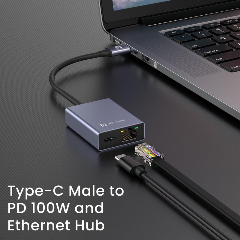 Portronics محور Mport 30M USB Type-C إلى PD 100W ومركز Ethernet، منفذ RJ45 LAN، 10/100/1000 ميجابت في الثانية، قابس Type-C، إنترنت سريع ومستقر، متوافق مع macOS وWindows وAndroid وiOS (رمادي) - Image 2