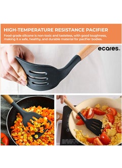 ECARES ECARES® 12 Pcs Silicone Cooking Kitchen Utensils Set, Heat Resistant, Wooden Handles, BPA Free Non-Toxic Silicone, Brush Ladle Server Spatula Spoon Tongs Turner Whish, for Nonstick Cookware, Black.  - Image 5