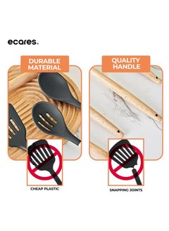 ECARES ECARES® 12 Pcs Silicone Cooking Kitchen Utensils Set, Heat Resistant, Wooden Handles, BPA Free Non-Toxic Silicone, Brush Ladle Server Spatula Spoon Tongs Turner Whish, for Nonstick Cookware, Black.  - Image 3