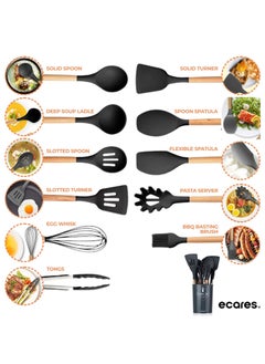 ECARES ECARES® 12 Pcs Silicone Cooking Kitchen Utensils Set, Heat Resistant, Wooden Handles, BPA Free Non-Toxic Silicone, Brush Ladle Server Spatula Spoon Tongs Turner Whish, for Nonstick Cookware, Black.  - Image 2