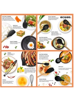 ECARES ECARES® 12 Pcs Silicone Cooking Kitchen Utensils Set, Heat Resistant, Wooden Handles, BPA Free Non-Toxic Silicone, Brush Ladle Server Spatula Spoon Tongs Turner Whish, for Nonstick Cookware, Black.  - Image 4