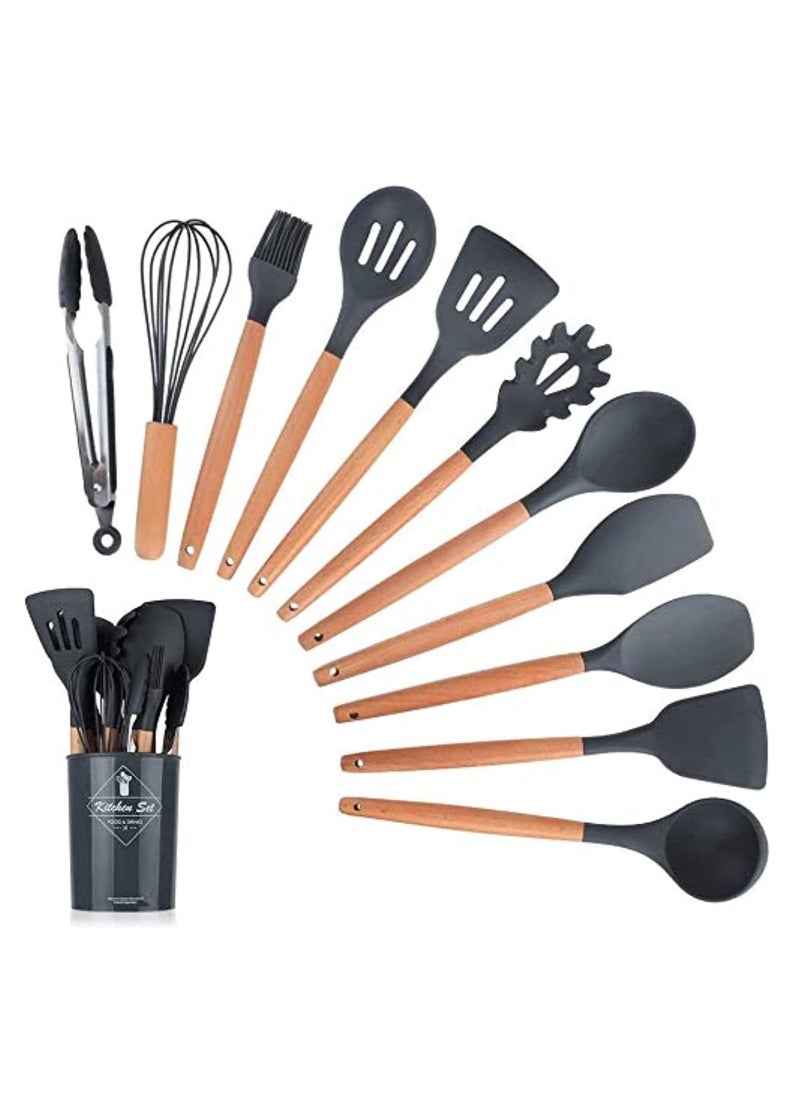 ECARES ECARES® 12 Pcs Silicone Cooking Kitchen Utensils Set, Heat Resistant, Wooden Handles, BPA Free Non-Toxic Silicone, Brush Ladle Server Spatula Spoon Tongs Turner Whish, for Nonstick Cookware, Black.  - Image 1
