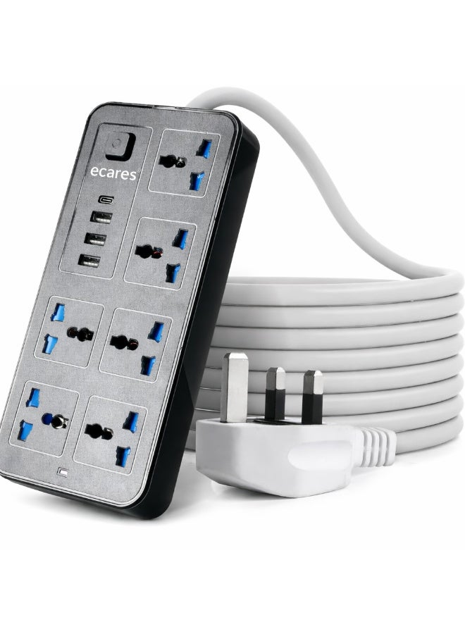 eCares® Universal Power Strip, 6-Gang Extension Lead with USB & Type-C, 5M Heavy Duty Power Strip, UK 3-Pin Plug (Type-G) with 13A Fuse, 3 USB Ports + 1 USB-C, 1800W 10A, Master Switch, Multi Socket Extension for Home, Office, Laptop, TV,  Black - Image 1