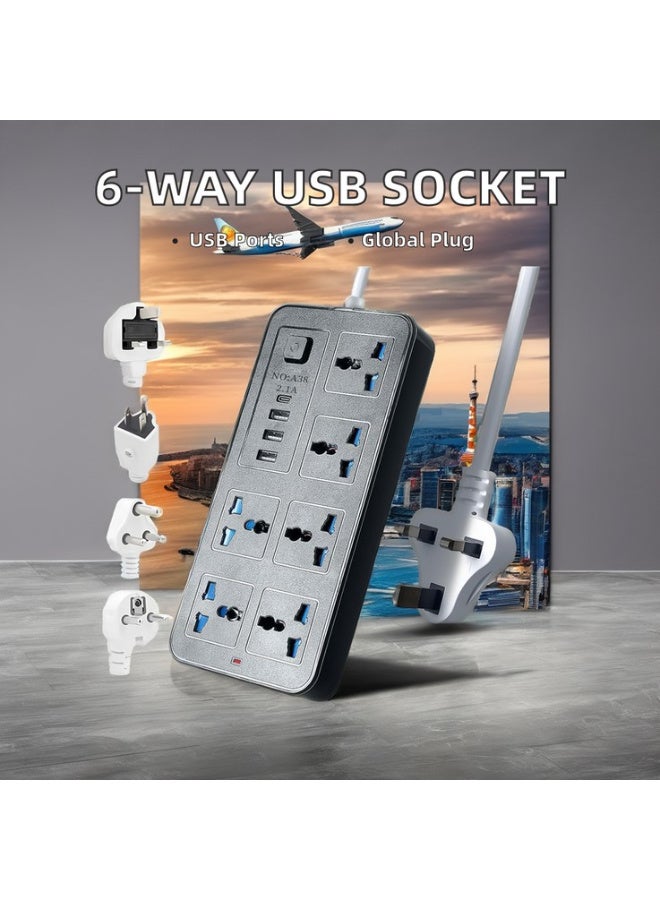 eCares® Universal Power Strip, 6-Gang Extension Lead with USB & Type-C, 5M Heavy Duty Power Strip, UK 3-Pin Plug (Type-G) with 13A Fuse, 3 USB Ports + 1 USB-C, 1800W 10A, Master Switch, Multi Socket Extension for Home, Office, Laptop, TV,  Black - Image 2