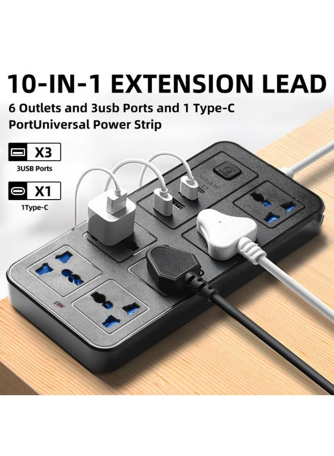 eCares® Universal Power Strip, 6-Gang Extension Lead with USB & Type-C, 5M Heavy Duty Power Strip, UK 3-Pin Plug (Type-G) with 13A Fuse, 3 USB Ports + 1 USB-C, 1800W 10A, Master Switch, Multi Socket Extension for Home, Office, Laptop, TV,  Black - Image 3