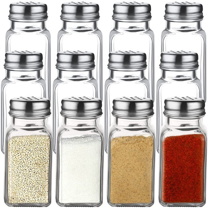 12 PCS GLASS SALT PEPPER SHAKERS SET PEPPER DISPENSER WITH STAINLESS STEEL LID CLEAR BOTTLE FARMHOUSE HOME DECOR PEPPER JARS FOR WEDDING PARTY RESTAURANT HOME KITCHEN