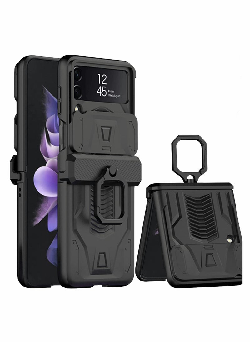 سيوسي جراب هاتف قابل للطي لهاتف Samsung Z Flip 3 ، مع غطاء عدسة منزلق بحامل حلقي ، متوافق مع Galaxy 3 5G (2021) مقاوم للصدمات (أسود) - Image 1