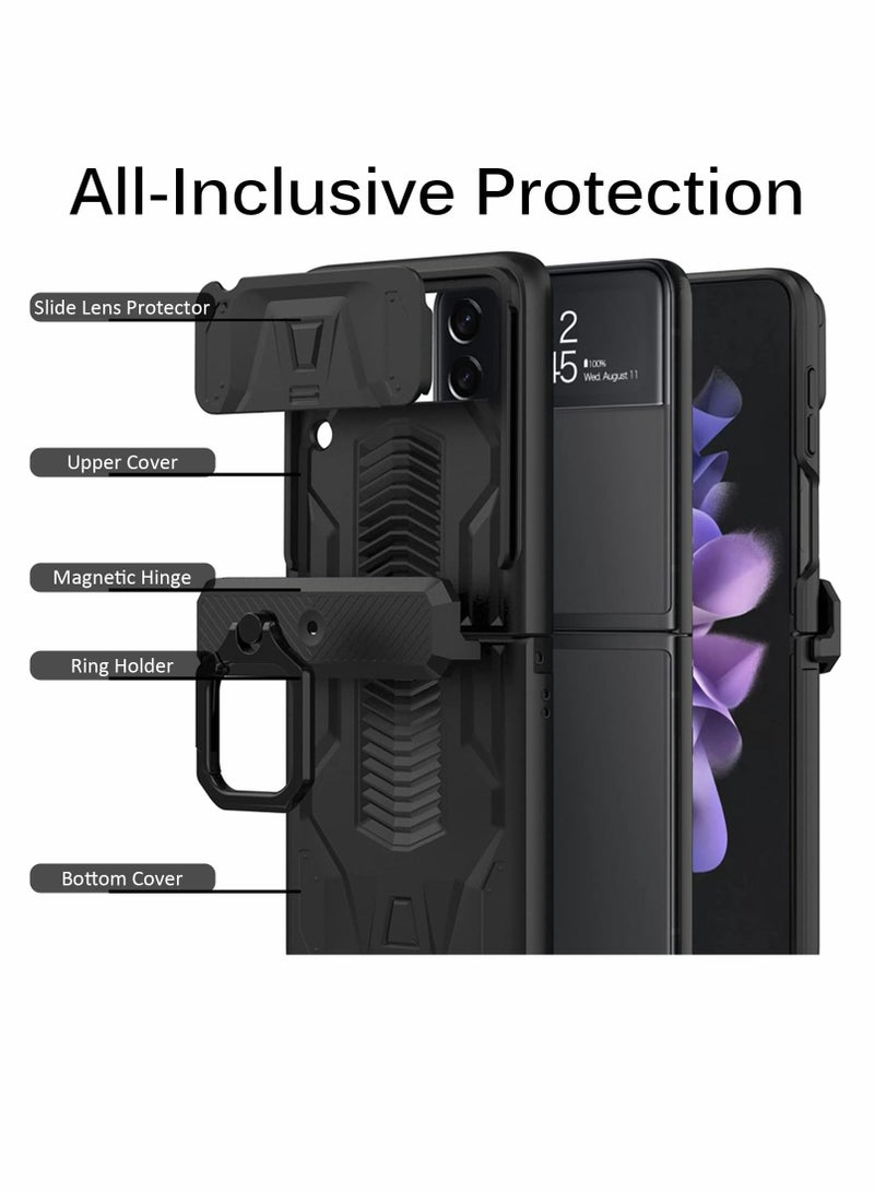 سيوسي جراب هاتف قابل للطي لهاتف Samsung Z Flip 3 ، مع غطاء عدسة منزلق بحامل حلقي ، متوافق مع Galaxy 3 5G (2021) مقاوم للصدمات (أسود) - Image 4