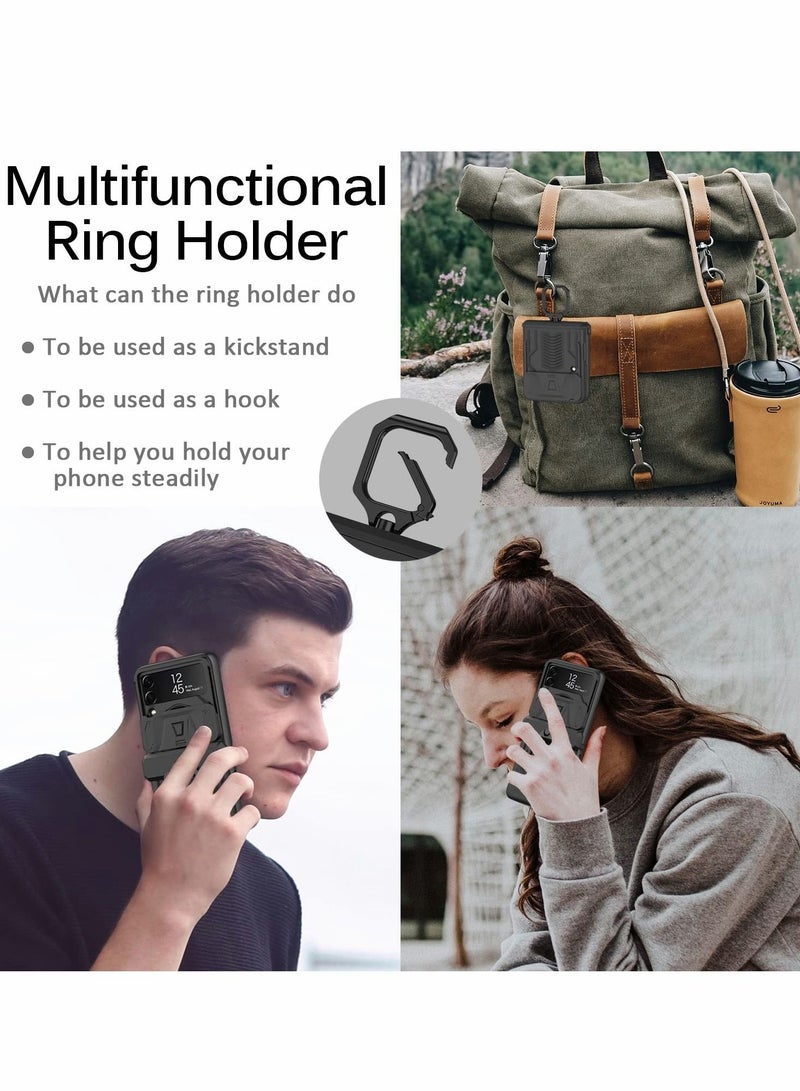 سيوسي جراب هاتف قابل للطي لهاتف Samsung Z Flip 3 ، مع غطاء عدسة منزلق بحامل حلقي ، متوافق مع Galaxy 3 5G (2021) مقاوم للصدمات (أسود) - Image 3