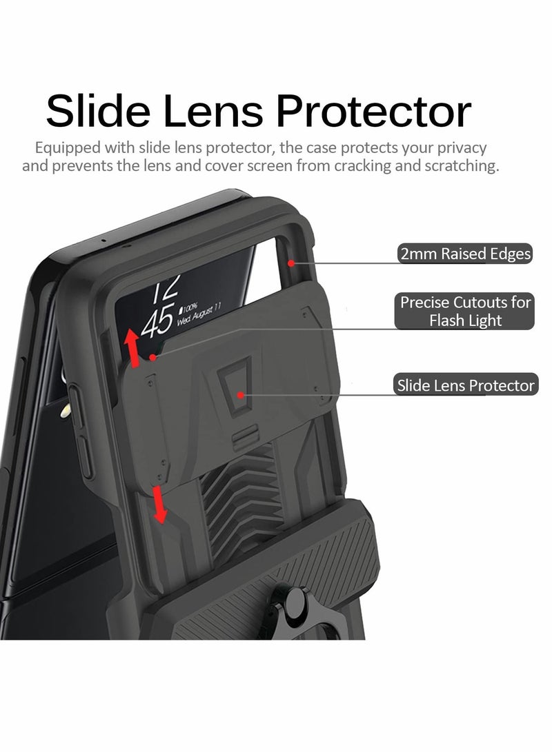 سيوسي جراب هاتف قابل للطي لهاتف Samsung Z Flip 3 ، مع غطاء عدسة منزلق بحامل حلقي ، متوافق مع Galaxy 3 5G (2021) مقاوم للصدمات (أسود) - Image 2