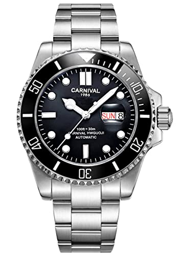 Carnival Mens Rotating Bezel Automatic Machine Stainless Steel Sapphire Glass Waterproof Black Watch (Black dial) - Image 2