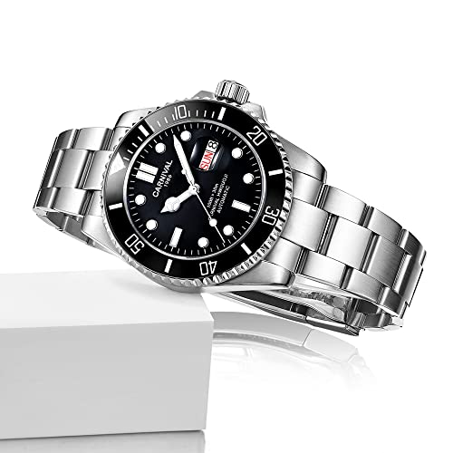 Carnival Mens Rotating Bezel Automatic Machine Stainless Steel Sapphire Glass Waterproof Black Watch (Black dial) - Image 4