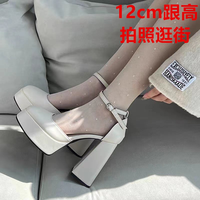 2024 Beige Peep-toe Mary Jane Chunky Heel SandalsBeige white [12cm]] Beige white [12cm]]