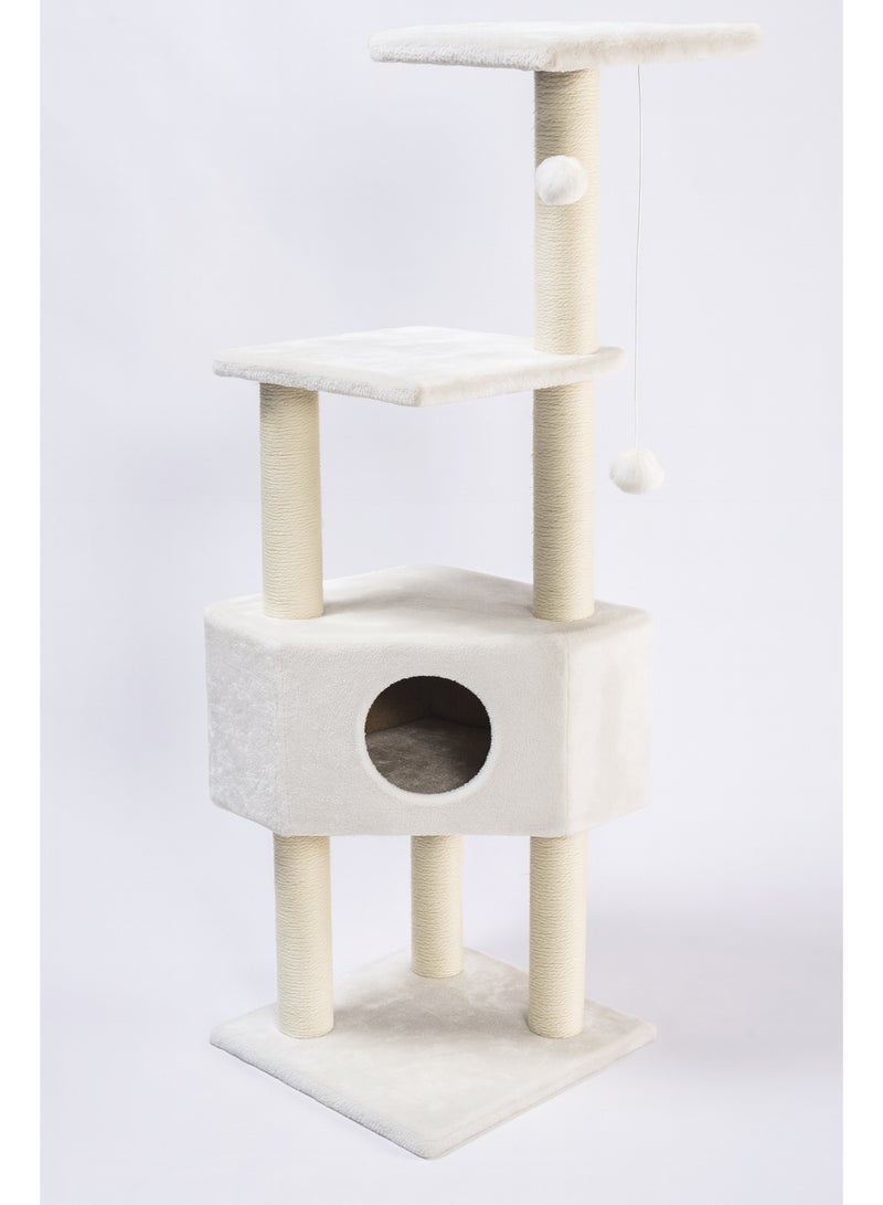 برج شجرة قطط عصري، منزل من 4 مستويات مع أعمدة للخدش، منصات مخملية بيضاء، ألعاب معلقة، أثاث داخلي للقطط