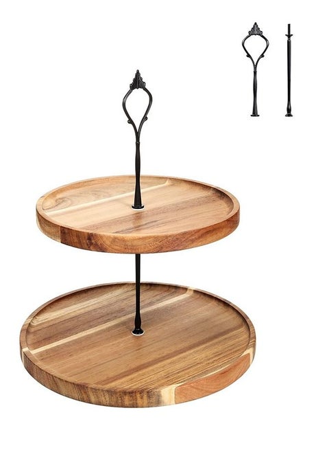 2Tier Wooden Cake Display Stand and Round Fruit Plate  Brown，25cm