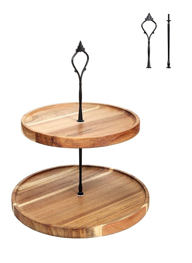 2Tier Wooden Cake Display Stand and Round Fruit Plate  Brown，25cm  - Image 1