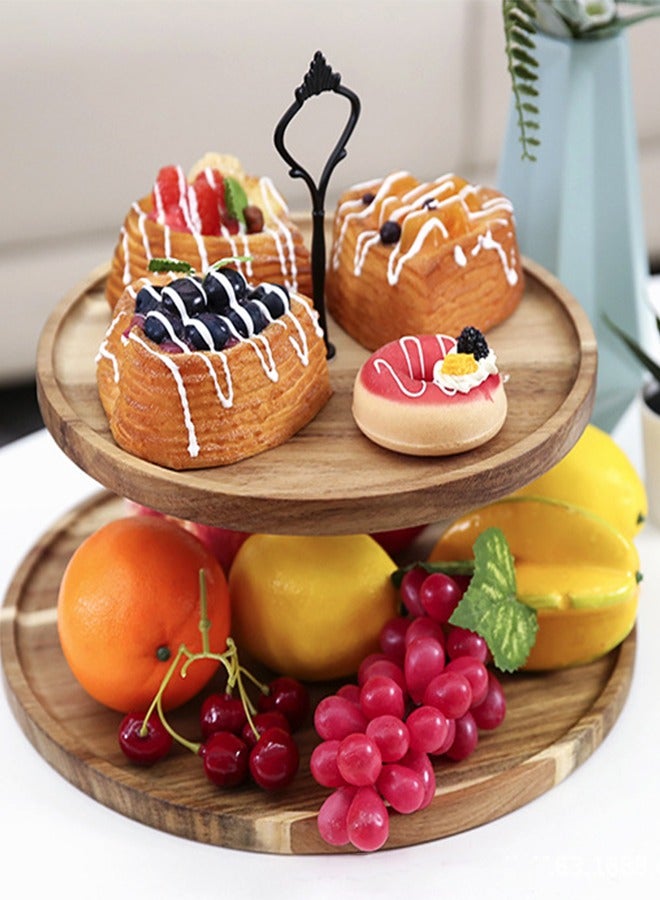2Tier Wooden Cake Display Stand and Round Fruit Plate  Brown，25cm  - Image 2