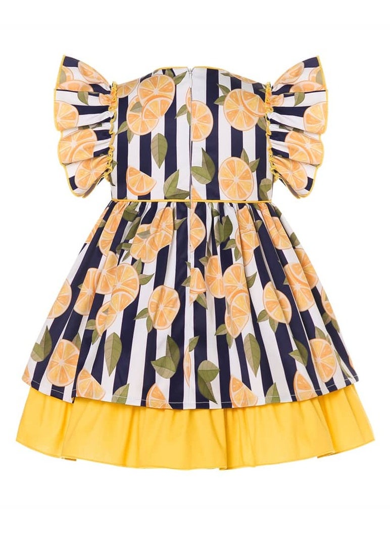 Generic - Little Girl Spanish Dress Set Casual Elegant Citrus Print Fluffy Sleeves and Back Zipper 3x1 Dress (Dress,Shorts,Hairband) - Image 1