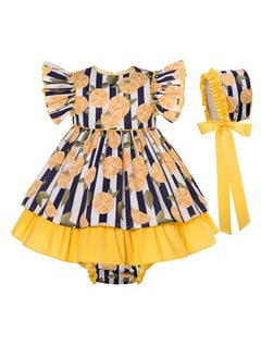 Little Girl Spanish Dress Set Casual Elegant Citrus Print Fluffy Sleeves and Back Zipper 3x1 Dress (Dress,Shorts,Hairband)