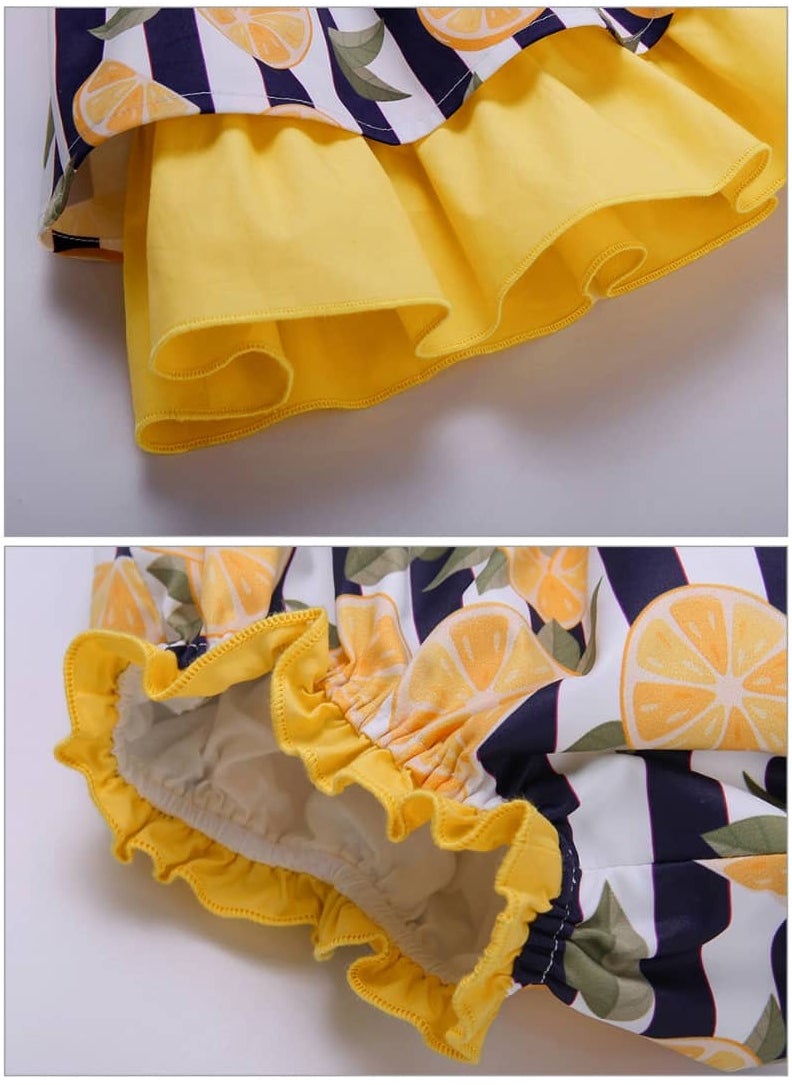 Generic - Little Girl Spanish Dress Set Casual Elegant Citrus Print Fluffy Sleeves and Back Zipper 3x1 Dress (Dress,Shorts,Hairband) - Image 1