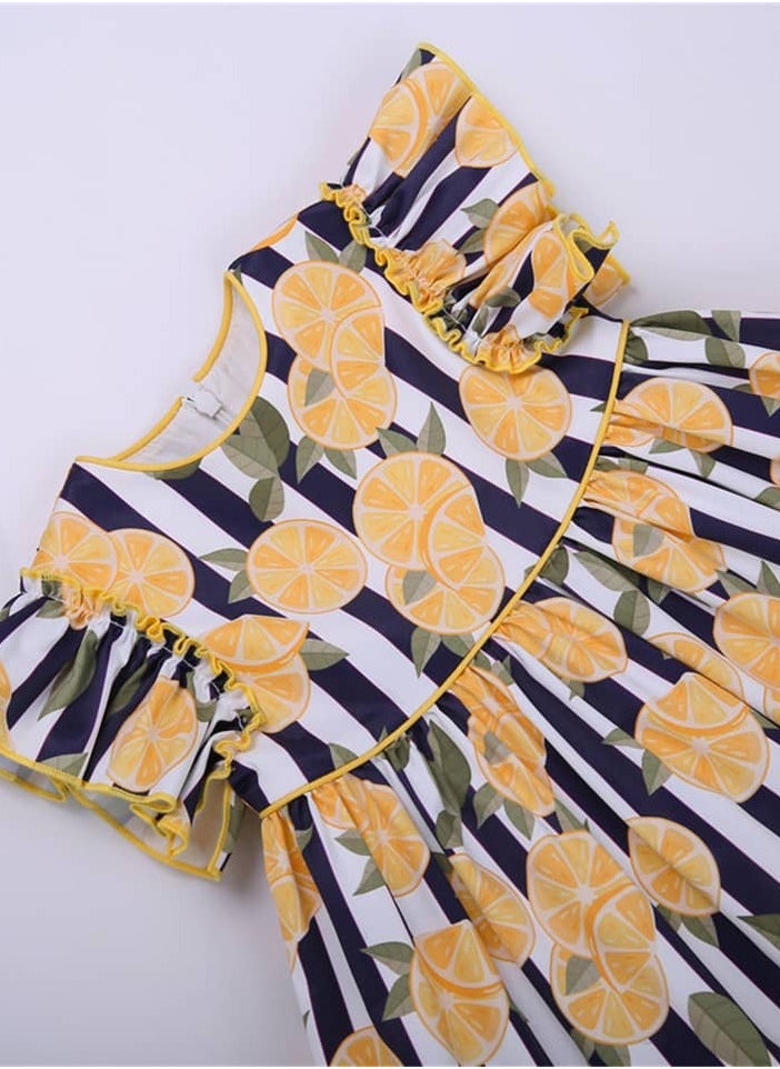 Generic - Little Girl Spanish Dress Set Casual Elegant Citrus Print Fluffy Sleeves and Back Zipper 3x1 Dress (Dress,Shorts,Hairband) - Image 1