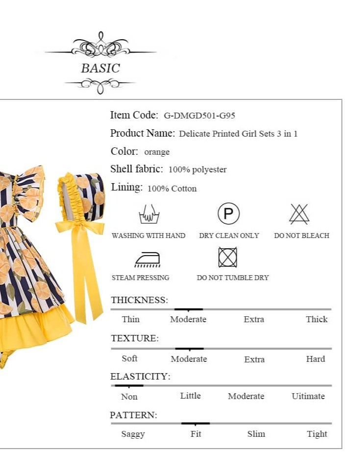 Generic - Little Girl Spanish Dress Set Casual Elegant Citrus Print Fluffy Sleeves and Back Zipper 3x1 Dress (Dress,Shorts,Hairband) - Image 1
