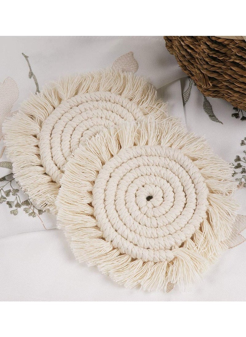 Generic - Handmade Bohemian Coasters with Tassels for Drinks, Absorbent Woven Heat Protection Mats, Perfect for Home and Office Coffee Tables, Aromatherapy Decor (Cream, Set of 2) - Image 1