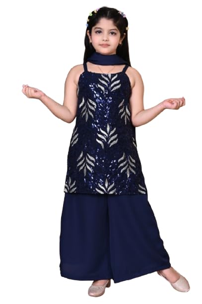 SPAMITUDE - Girls' Ethnic Kurta Pajama Dupatta Set | Sequin Embroidery Work Fashion Sleeves | Festive Outfit (in, Age, 14 Years, 15 Years, Blue) - Image 1