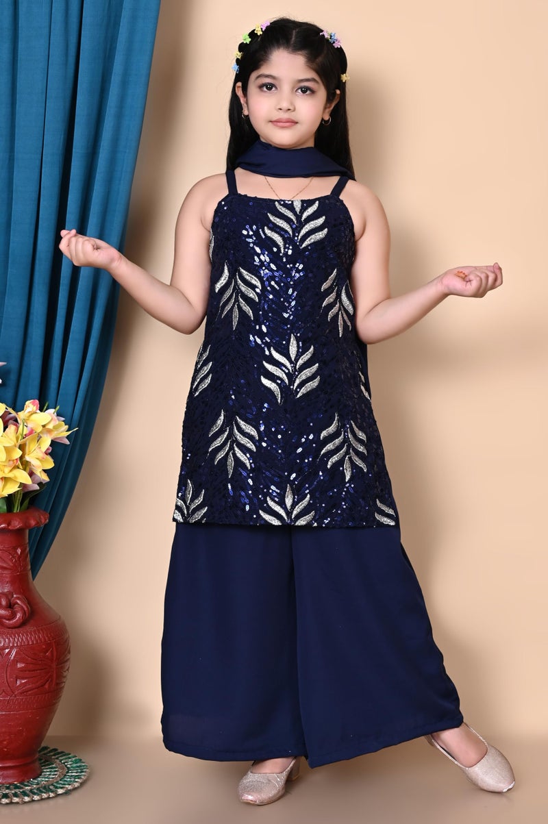 SPAMITUDE - Girls' Ethnic Kurta Pajama Dupatta Set | Sequin Embroidery Work Fashion Sleeves | Festive Outfit (in, Age, 14 Years, 15 Years, Blue) - Image 4