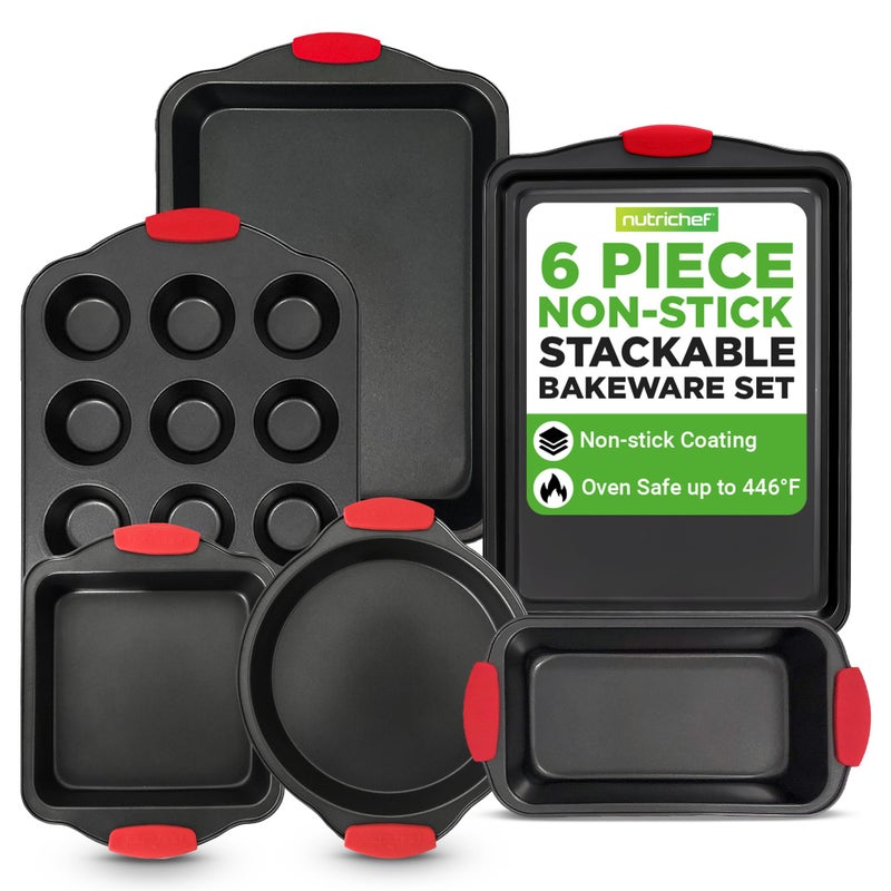 NutriChef Baking Pans Set - 6 Piece Bakeware with Nonstick Carbon Steel for Easy Release and Cleanup, Durable and Versatile Design, Includes Cookie Sheet, Loaf Pan, Muffin Tin & More - Image 1