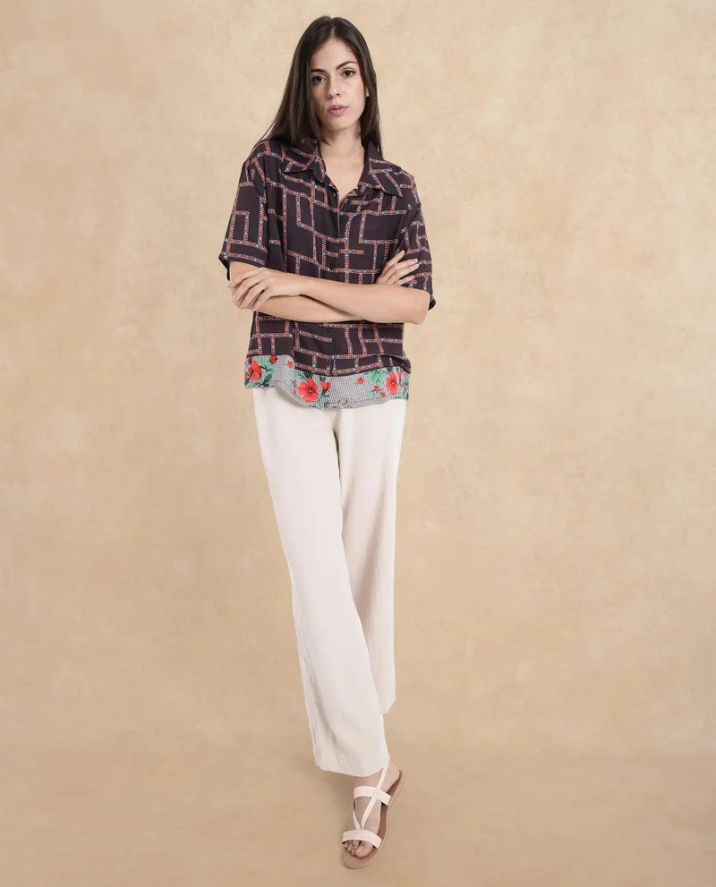 Rareism Women's Geometric Print Shirt With Floral Border