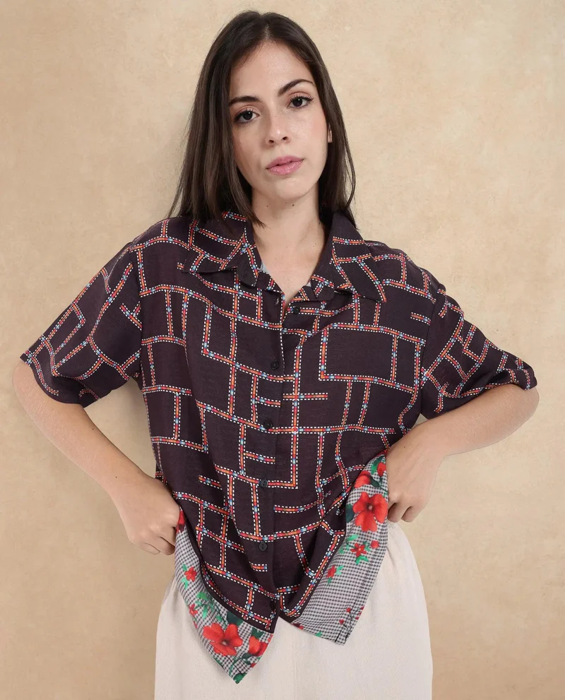 Rareism Women's Geometric Print Shirt With Floral Border