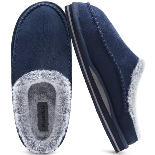 KuaiLu Mens Slippers with Orthotic Arch Support Suede Faux Fur Fluff Plush Wool-like Warm House Shoes Comfortable Slip-on Bedroom Indoor Outdoor Clogs Slippers for Man, Size Blue 9 - Image 1