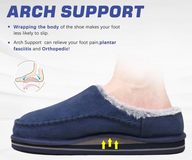 KuaiLu Mens Slippers with Orthotic Arch Support Suede Faux Fur Fluff Plush Wool-like Warm House Shoes Comfortable Slip-on Bedroom Indoor Outdoor Clogs Slippers for Man, Size Blue 9 - Image 4