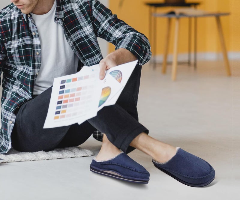 KuaiLu Mens Slippers with Orthotic Arch Support Suede Faux Fur Fluff Plush Wool-like Warm House Shoes Comfortable Slip-on Bedroom Indoor Outdoor Clogs Slippers for Man, Size Blue 9 - Image 2
