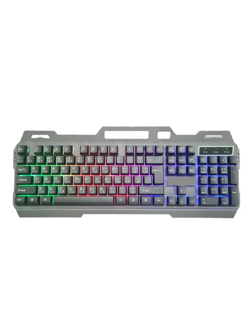 (K-102) Gaming Keyboard with Rainbow Color LED Lighting and Metal Cover Plastic Gaming Surface - Easy and Comfortable to Use - Arabic & English 104 Keys - Black