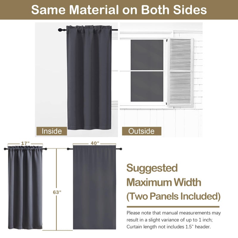 OVZME Charcoal Grey Blackout Curtains for Bedroom 63 Inch Length 2 Panels, Thermal Insulated Energy Saving Curtains for Bedroom, Dual Rod Pocket Window Treatment Blackout Drapes, 2x40Wx63L Inches - Image 2