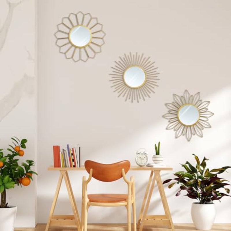Metal Mirrors Wall Decor - 3 Pcs 11" Metal Sunburst Flower Wall Mirrors Home Décor, Decorative Hanging Wall Art for Living Room, Bedroom, Kitchen, Bathroom, Entryway - Image 4