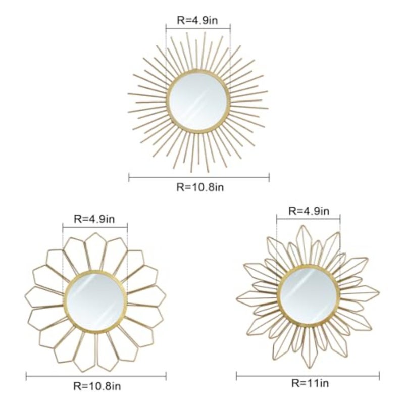 Metal Mirrors Wall Decor - 3 Pcs 11" Metal Sunburst Flower Wall Mirrors Home Décor, Decorative Hanging Wall Art for Living Room, Bedroom, Kitchen, Bathroom, Entryway - Image 2