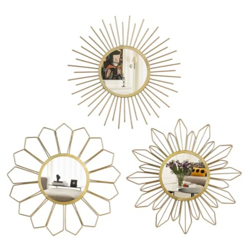 Metal Mirrors Wall Decor - 3 Pcs 11" Metal Sunburst Flower Wall Mirrors Home Décor, Decorative Hanging Wall Art for Living Room, Bedroom, Kitchen, Bathroom, Entryway - Image 1