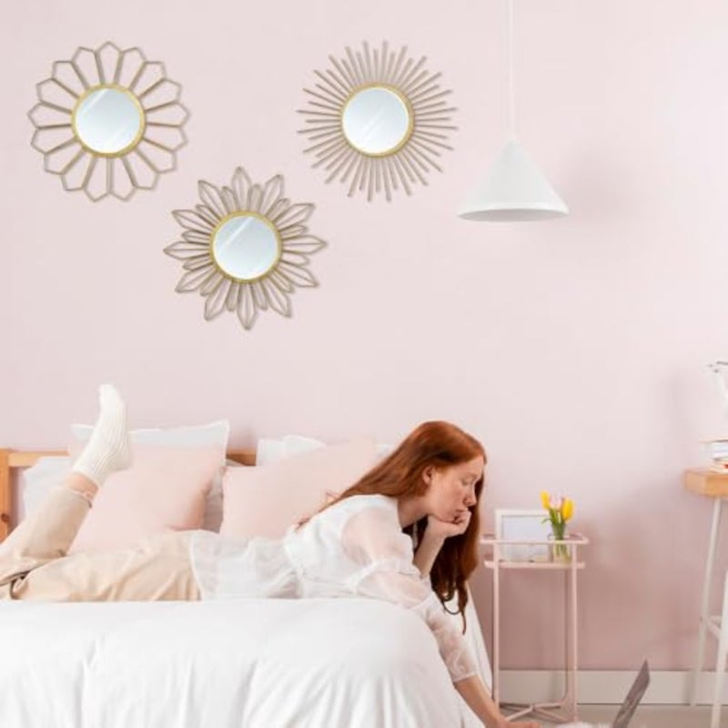 Metal Mirrors Wall Decor - 3 Pcs 11" Metal Sunburst Flower Wall Mirrors Home Décor, Decorative Hanging Wall Art for Living Room, Bedroom, Kitchen, Bathroom, Entryway - Image 3