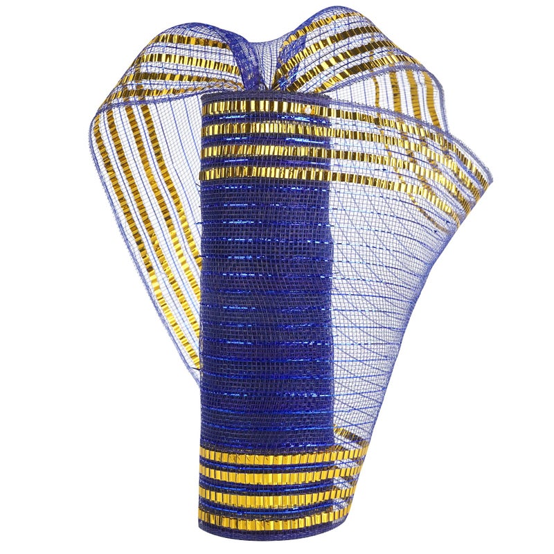 HUIHUANG Royal Blue Deco Mesh 10 inch Wide Metallic Blue and Gold Christmas Mesh Ribbon Gold Border Metallic Decorative Mesh for Christmas Tree Garlands StaircaseWreath Supplies Bows10 Yards - Image 3