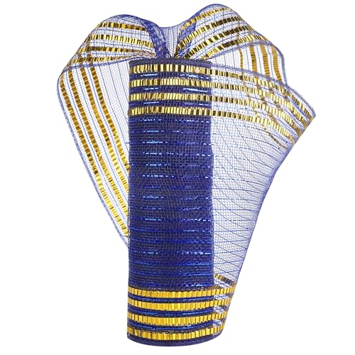 HUIHUANG Royal Blue Deco Mesh 10 inch Wide Metallic Blue and Gold Christmas Mesh Ribbon Gold Border Metallic Decorative Mesh for Christmas Tree Garlands StaircaseWreath Supplies Bows10 Yards - Image 1