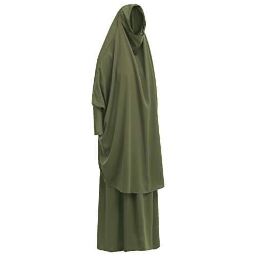 IKADEX Prayer Clothes for Muslim Women Islamic Abaya Suit Maxi Skirt + Khimar Hijab 2pcss Burka Jilbab Kaftan Army Green - Image 3