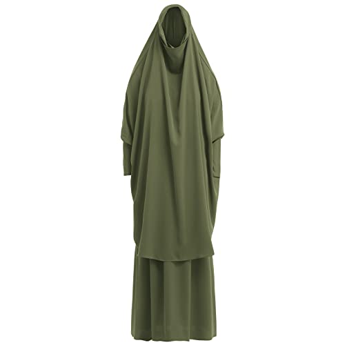 IKADEX Prayer Clothes for Muslim Women Islamic Abaya Suit Maxi Skirt + Khimar Hijab 2pcss Burka Jilbab Kaftan Army Green - Image 2