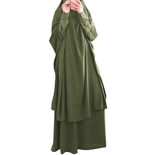 IKADEX Prayer Clothes for Muslim Women Islamic Abaya Suit Maxi Skirt + Khimar Hijab 2pcss Burka Jilbab Kaftan Army Green - Image 1
