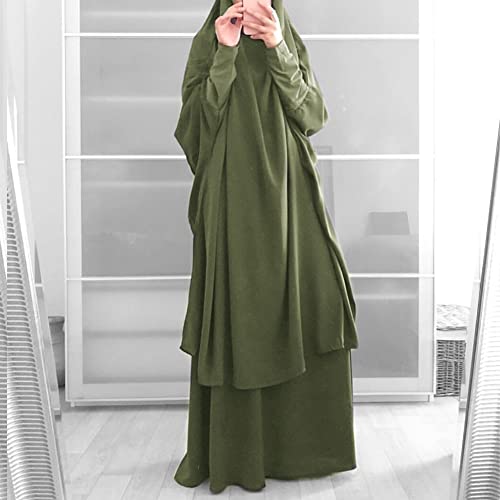 IKADEX Prayer Clothes for Muslim Women Islamic Abaya Suit Maxi Skirt + Khimar Hijab 2pcss Burka Jilbab Kaftan Army Green - Image 5