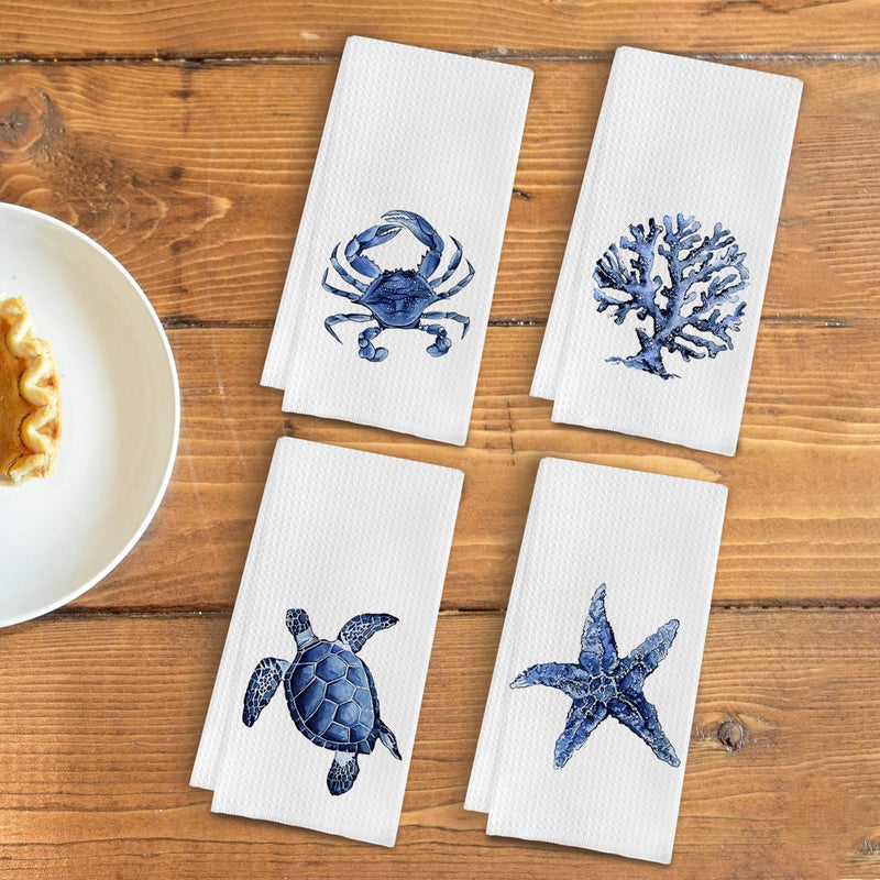 Qpenm Coastal Kitchen Towels - Set of 4 - Decorative Dish and Hand Towels, 16x24 Inches - Watercolor Crab Coral Sea Turtle Starfish Design - Image 3